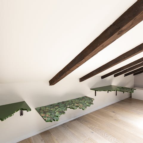 Exposed wooden ceiling beams