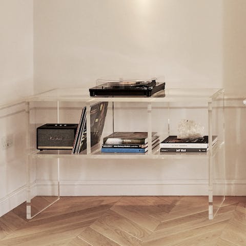Try out the curated vinyl selection on the vintage record player