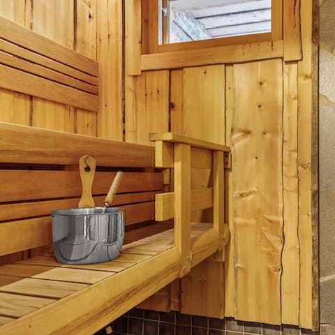 Soothe aching muscles in the private sauna