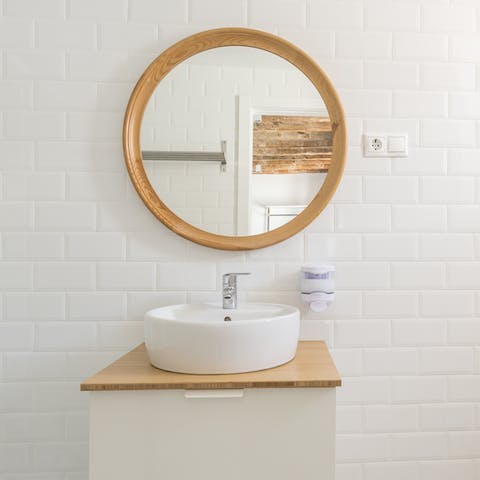 The bright, elegantly designed bathroom