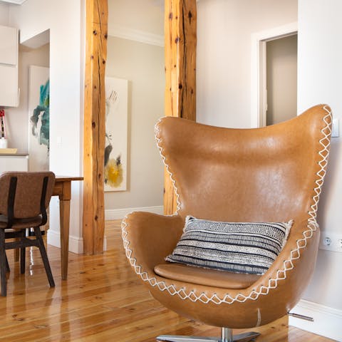 Relax with a good novel in the unique, stitched leather armchair