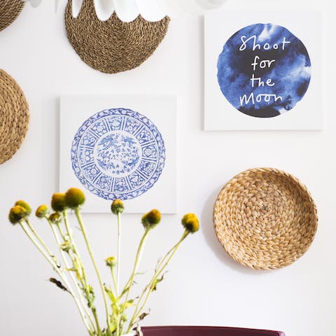 A collection of prints and baskets