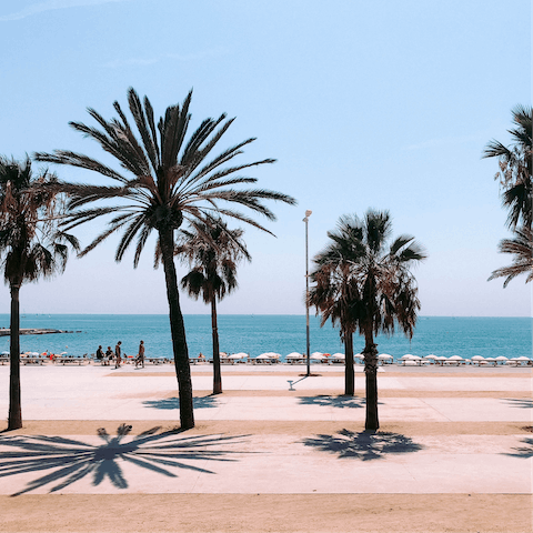 Soak up the sun on Barceloneta Beach, a fifteen-minute walk from your door