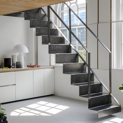 A floating steel staircase