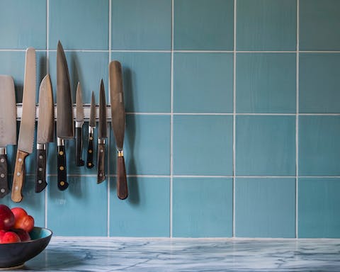 The gorgeous grid-like tiles in the kitchen