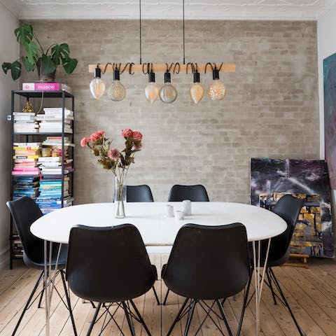 Enjoy a meal in the industrial-chic dining area