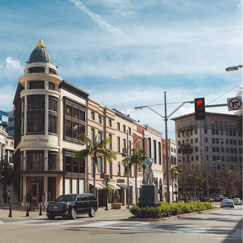 Indulge in some retail therapy on famous Rodeo Drive, a five-minute drive away