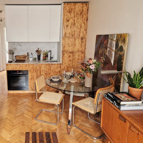 Serve up a croque monsieur in the marble kitchenette and open dining area