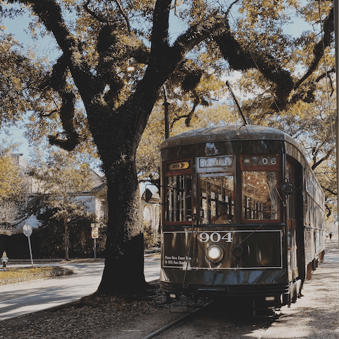 Ride one of the city's iconic trams to Bourbon Street – the St Charles + Foucher stop is a ten-minute walk away
