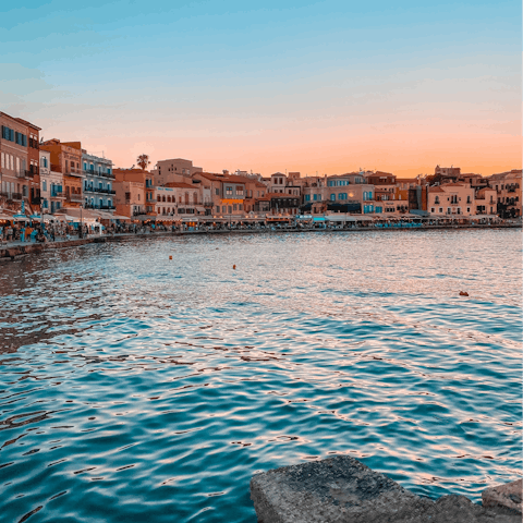 Head into historical Chania for dinner at its waterfront tavernas (ten-minute drive)