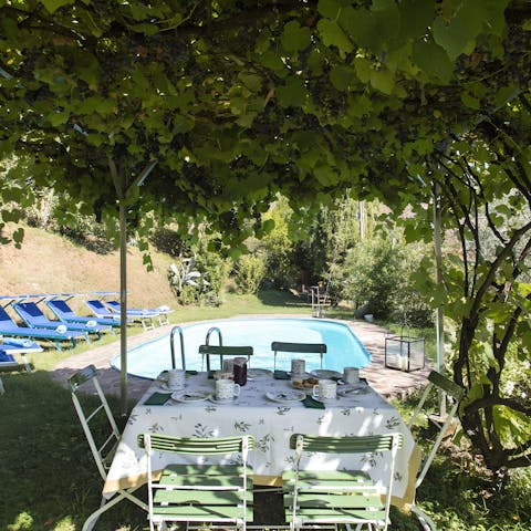 Take your coffee out to the poolside table, shaded by leafy trees