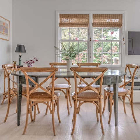 Gather in the contemporary dining space for group meals