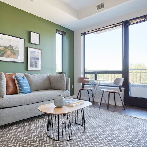 Unwind in a stylish living room bathed in natural light