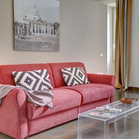 Cosy up on the comfy sofa and enjoy an evening of movies and Italian wine