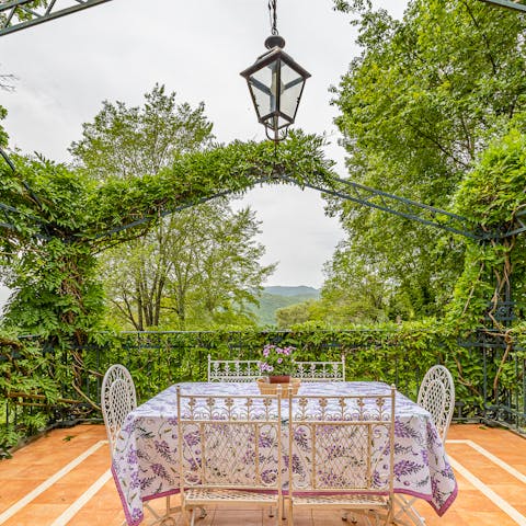 Wine and dine in the fresh air on the wisteria-covered terrace 