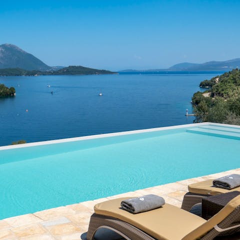 Soak up the sun by the private pool, overlooking the crystal Ionian sea
