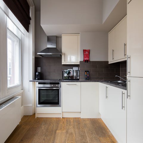Cook up a celebratory dinner in the bright, sleek kitchen when you're not out sampling the many eateries on your doorstep