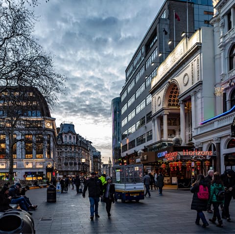 Soak up the lively atmosphere of Leicester Square, a five-minute walk away