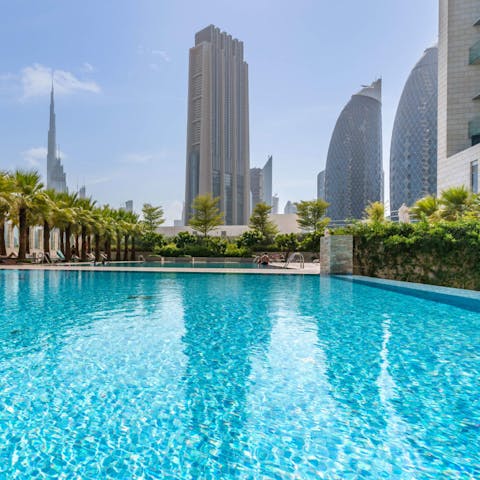 Cool off from the Dubai heat with a refreshing swim in the communal pool