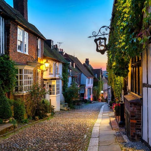 Explore Rye's charming cobbled streets, ten minutes away by car