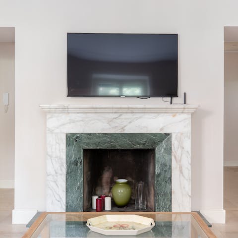 A grand marble fireplace