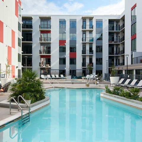 Enjoy daily swims at the building's shared outdoor pool