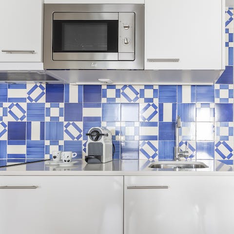 Cook up a Portuguese feast in the pretty blue and white tiled kitchen