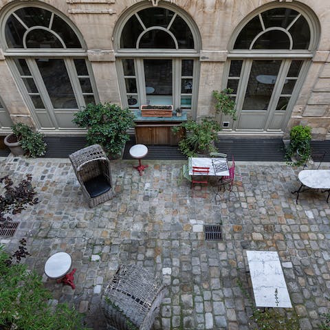 Overlooking a quiet courtyard