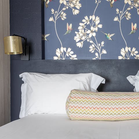 Calming wallpaper and comfy bedding