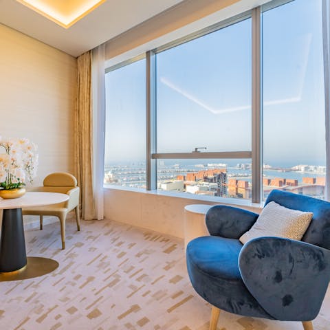 Take in the fabulous views over Palm Jumeirah, the Arabian Gulf and the Dubai skyline 