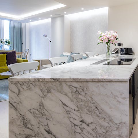 The marble-clad kitchen counter