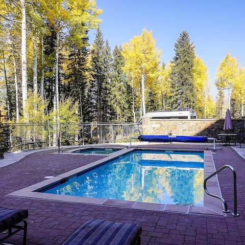 Enjoy a dip in the year-round heated pool and hot tubs