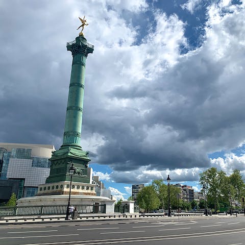 Visit the historic Place de la Bastille, a four-minute walk away