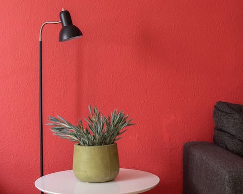 The bright red accent walls