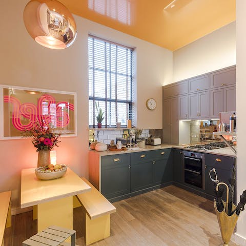Sit down for dinner in the quirky and colourful kitchen area