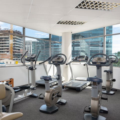 Get a good workout in the building's gym facility, with panoramic views of the city