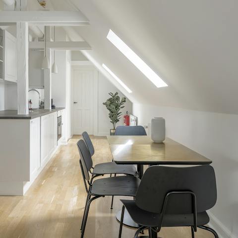 Work from home or share a meal under the sloped ceilings 