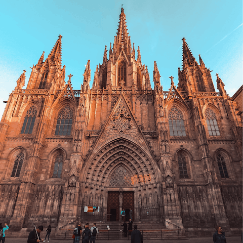 Marvel at the stunning architecture in Gothic Quarter, just an eighteen-minute walk from home