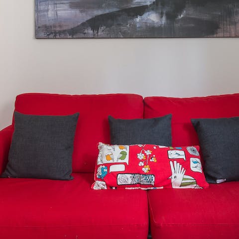The bright red sofa
