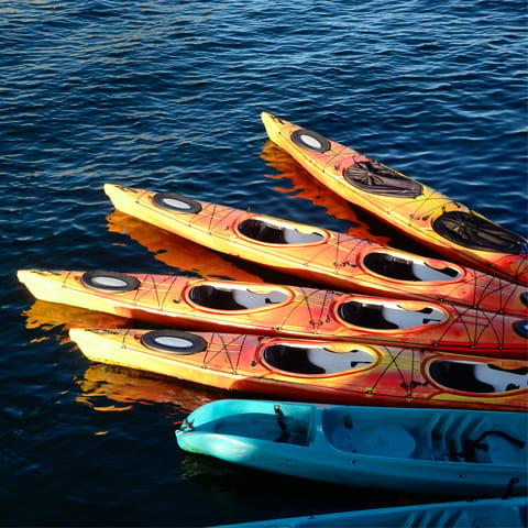 Hire kayaks or paddleboards for a day of watersports on the lake