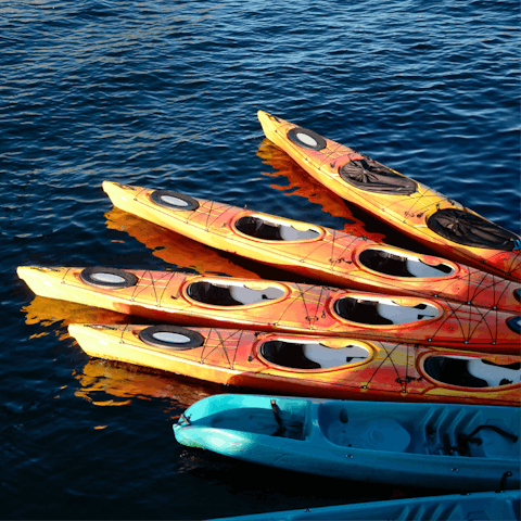 Hire kayaks or paddleboards for a day of watersports on the lake