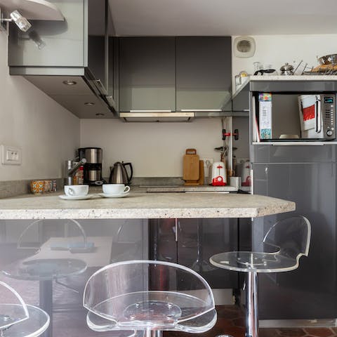 Take a perch on one of the transparent stools for morning coffee and pastries