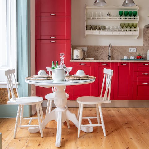 The bright red kitchen