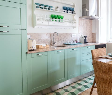 A mint-green kitchen
