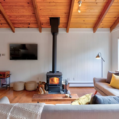 Snuggle up in front of the wood-burning stove when the Catskills weather turns chilly
