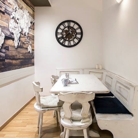Enjoy convivial meals in the rustic dining area