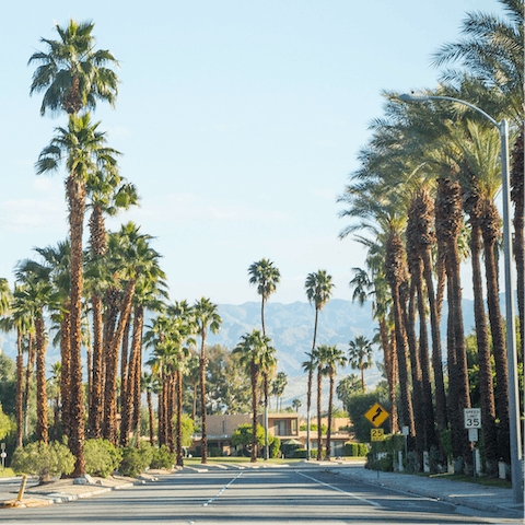 Head out and explore the exclusive Coachella Valley, a twenty-three-minute drive away
