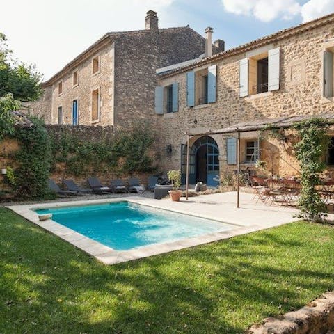 Cool off in the private pool overlooking the beautiful stone architecture of the house 