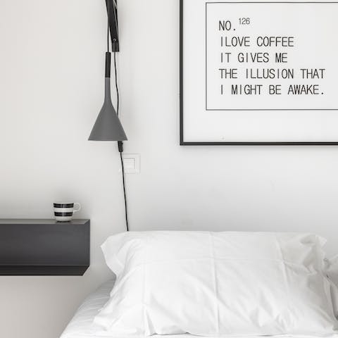 The B&W palette in the bedrooms