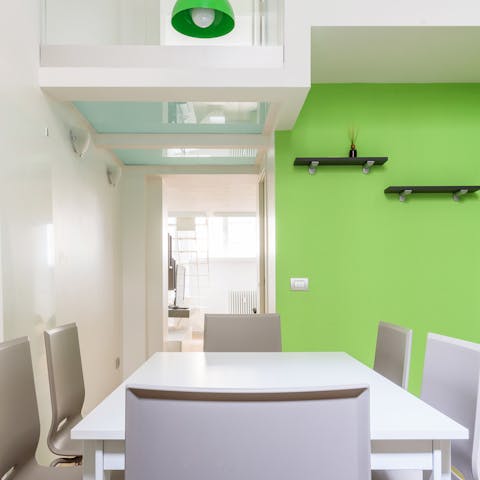 Enjoy group meals in the lime green dining area